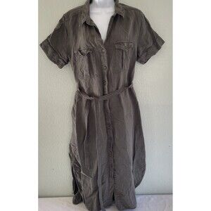 Lucky Brand Army Green Midi Shirt Dress Full Button Short Sleeve Collar Womens L